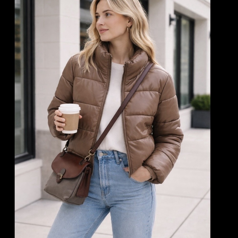 SEBBY Puffer Jacket  Women Sz M Brown Faux Leather Minimalist Neutral Puffy Coat